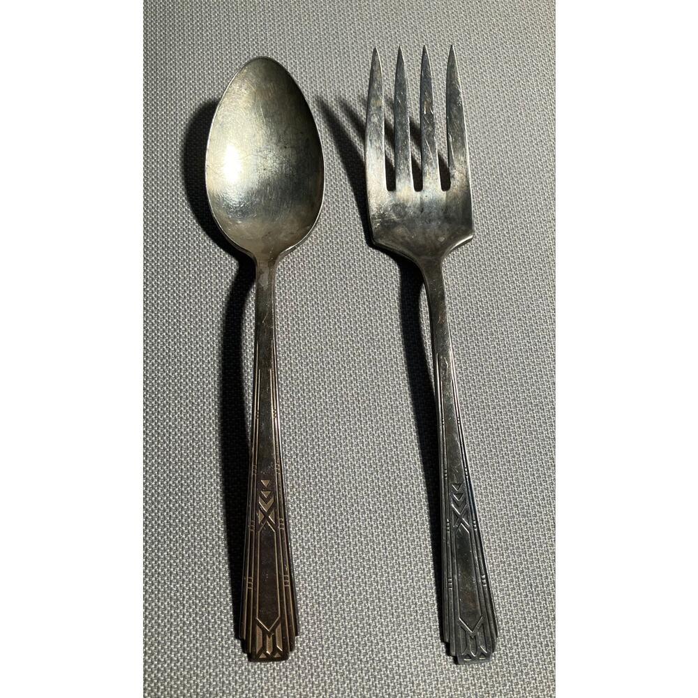 Oneida Community Tudor Plate Friendship Medality Spoon Fork Set 6" Art Deco
